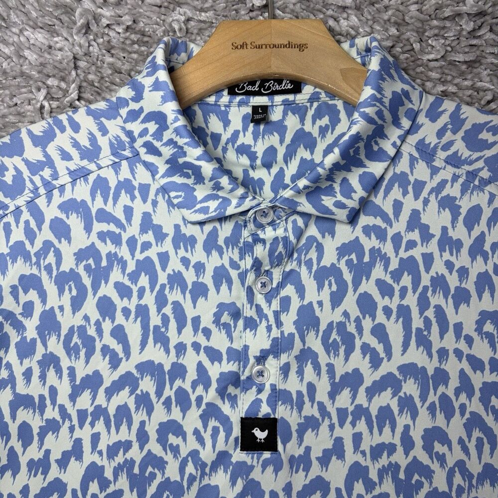 Bad Birdie Polo Shirt Mens Large Baby Blue Short Sleeve Graphic Print Stretch